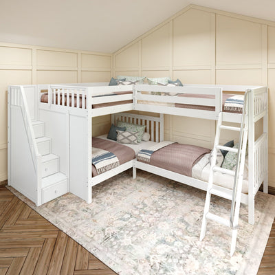 Four-bed white wooden bunk bed with ladder and stairs in a contemporary bedroom with pastel decor.
