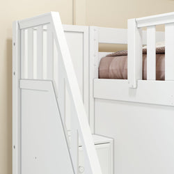 White wooden loft bed with integrated storage and beige bedding in modern bedroom.