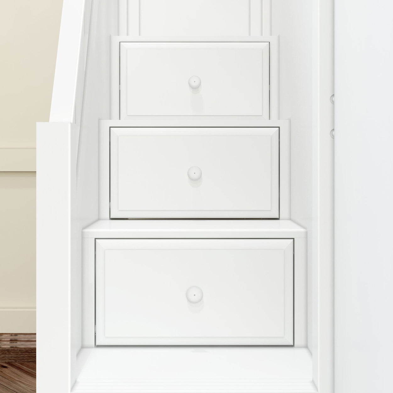 White under-stair storage drawers, maximizing space with a minimalist design.