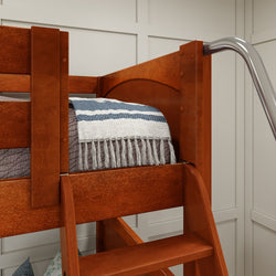 Wooden bunk bed with ladder and striped blanket in modern bedroom setting.