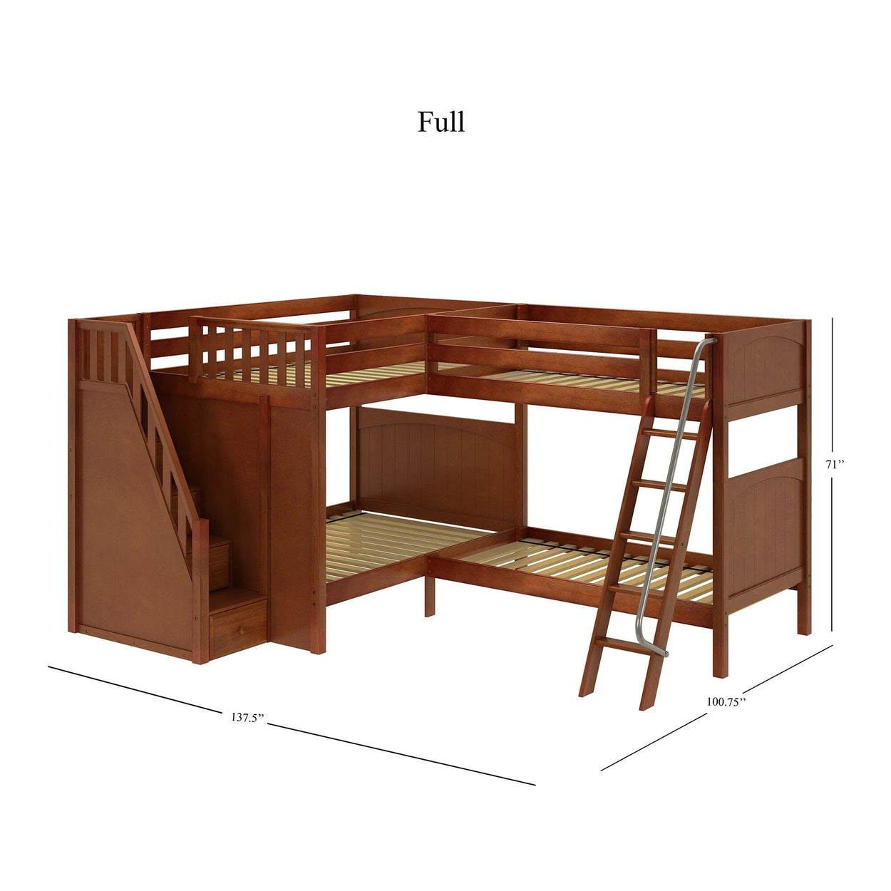 Full-size wooden L-shaped bunk bed with stairs and ladder, ideal for maximizing space in kids' bedrooms.