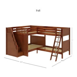 Full-size wooden L-shaped bunk bed with stairs and ladder, ideal for maximizing space in kids' bedrooms.
