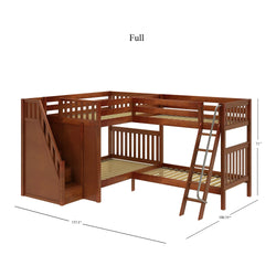 Adjustable full-sized wooden L-shaped bunk bed with built-in steps and ladder for maximized storage and space-saving.