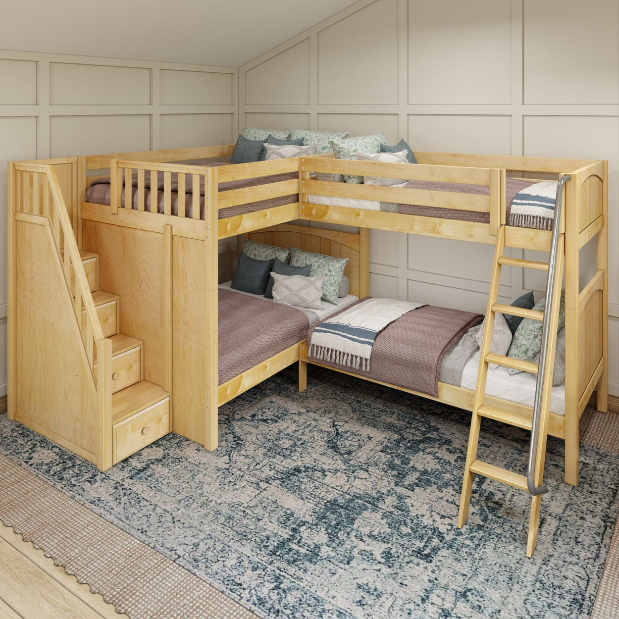 L-shaped wooden bunk bed with built-in staircase and decorative pillows in a cozy bedroom.