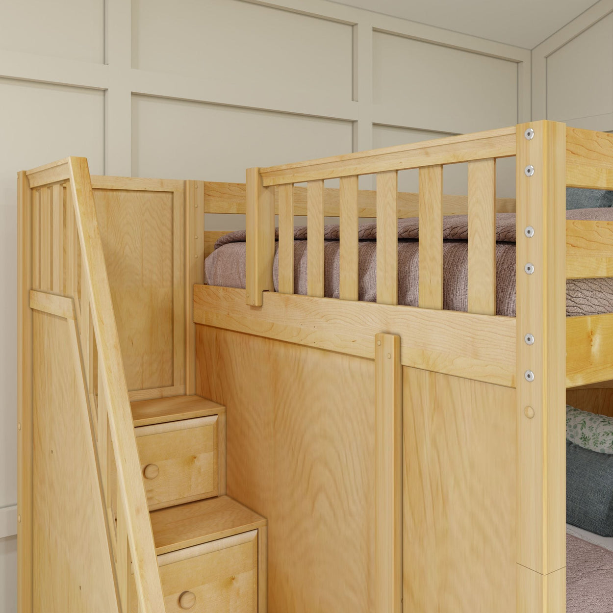 Wooden bunk bed with built-in staircase and storage drawers in a modern bedroom setting.