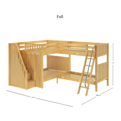 Wooden full-size L-shaped bunk bed with integrated staircase and ladder for kids' bedroom space-saving solutions.