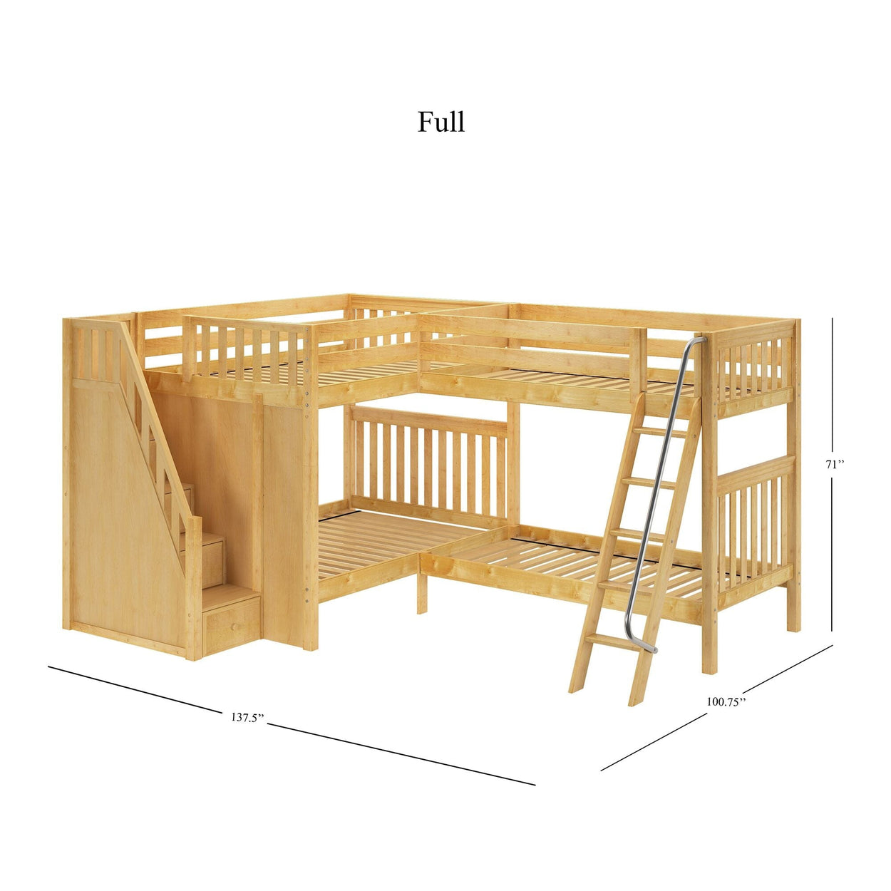 Full-size wooden loft bunk bed with stairs and ladder, L-shaped design with measurements 137.5"x100.75"x71".