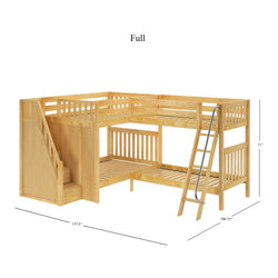 Full-size wooden loft bunk bed with stairs and ladder, L-shaped design with measurements 137.5"x100.75"x71".