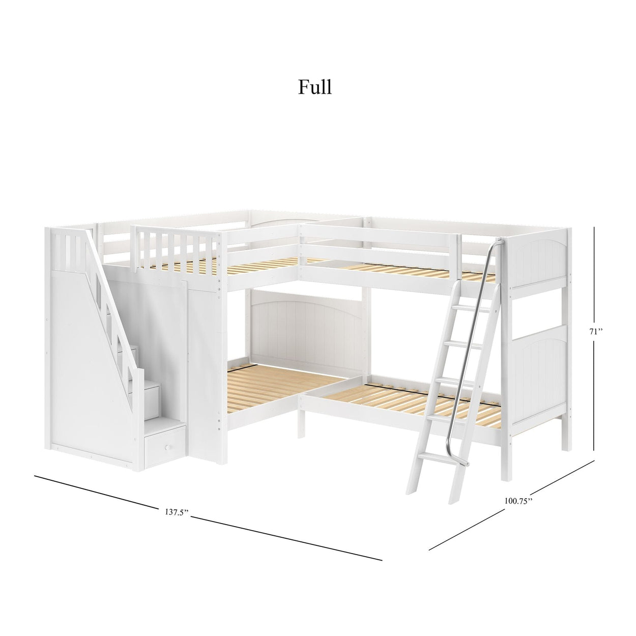 L-shaped white full-size bunk bed with stairs and ladder, showcasing dimensions of 137.5 inches by 100.75 inches by 71 inches.