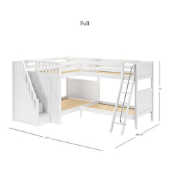 L-shaped white full-size bunk bed with stairs and ladder, showcasing dimensions of 137.5 inches by 100.75 inches by 71 inches.