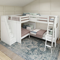 White L-shaped bunk bed with built-in storage stairs and ladder in a cozy bedroom setting.