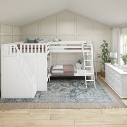 White loft bunk bed with stairs in a modern bedroom, featuring wooden flooring and a decorative rug.