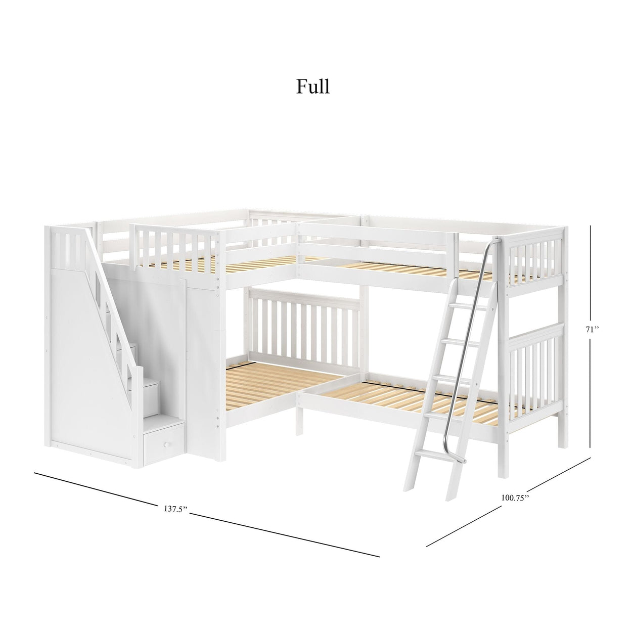 White L-shaped wooden bunk bed with staircase and ladder, ideal for maximizing space in children's bedrooms, dimensions 137.5" x 100.75" x 71".