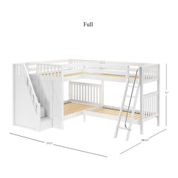 White L-shaped wooden bunk bed with staircase and ladder, ideal for maximizing space in children's bedrooms, dimensions 137.5" x 100.75" x 71".