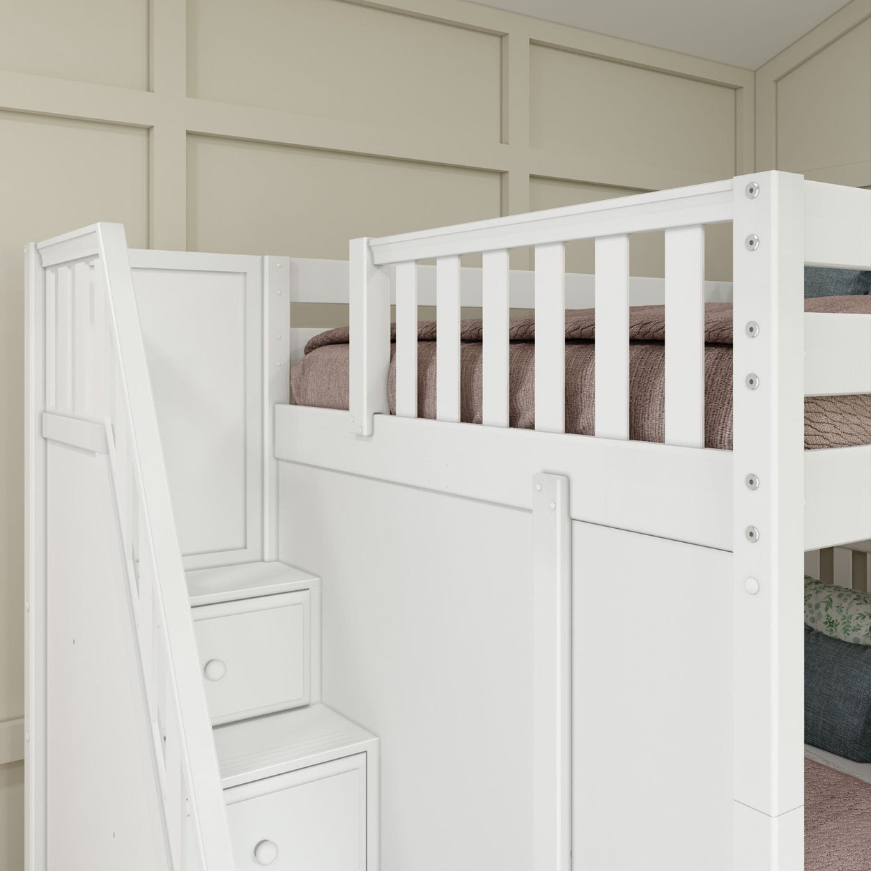 White wooden bunk bed with built-in staircase and storage drawers in modern bedroom setting.