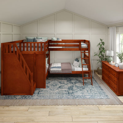 Wooden triple bunk bed with stairs in modern bedroom featuring patterned rug and wooden dressers.