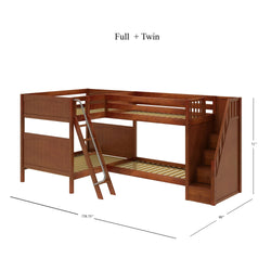 Rustic wooden L-shaped full and twin bunk bed with stairs and ladder, optimal space-saving furniture design.