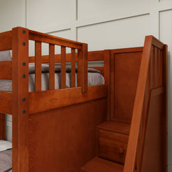 Wooden bunk bed with integrated storage stairs in a modern bedroom setting.