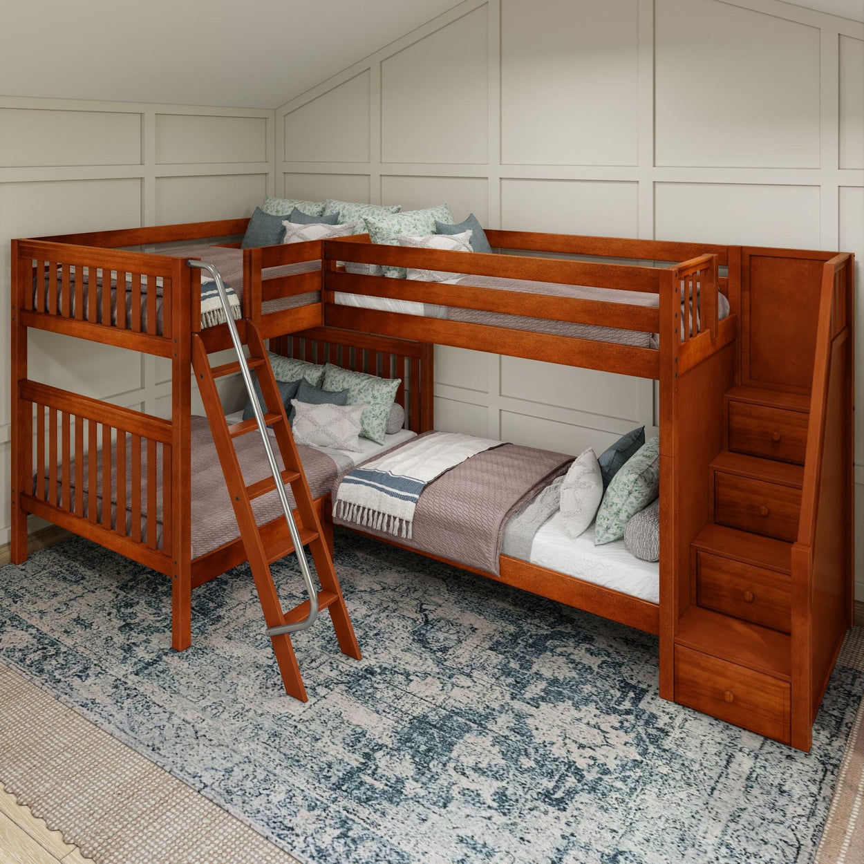 Wooden bunk bed with ladder and storage stairs in a modern bedroom setting.