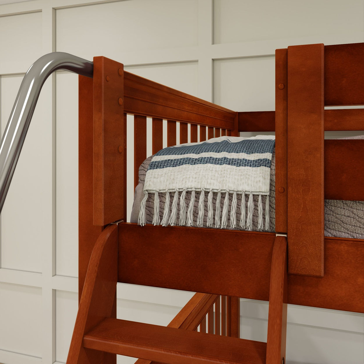 Wooden bunk bed with a cozy blanket in a modern bedroom.