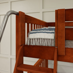 Wooden bunk bed with a cozy blanket in a modern bedroom.