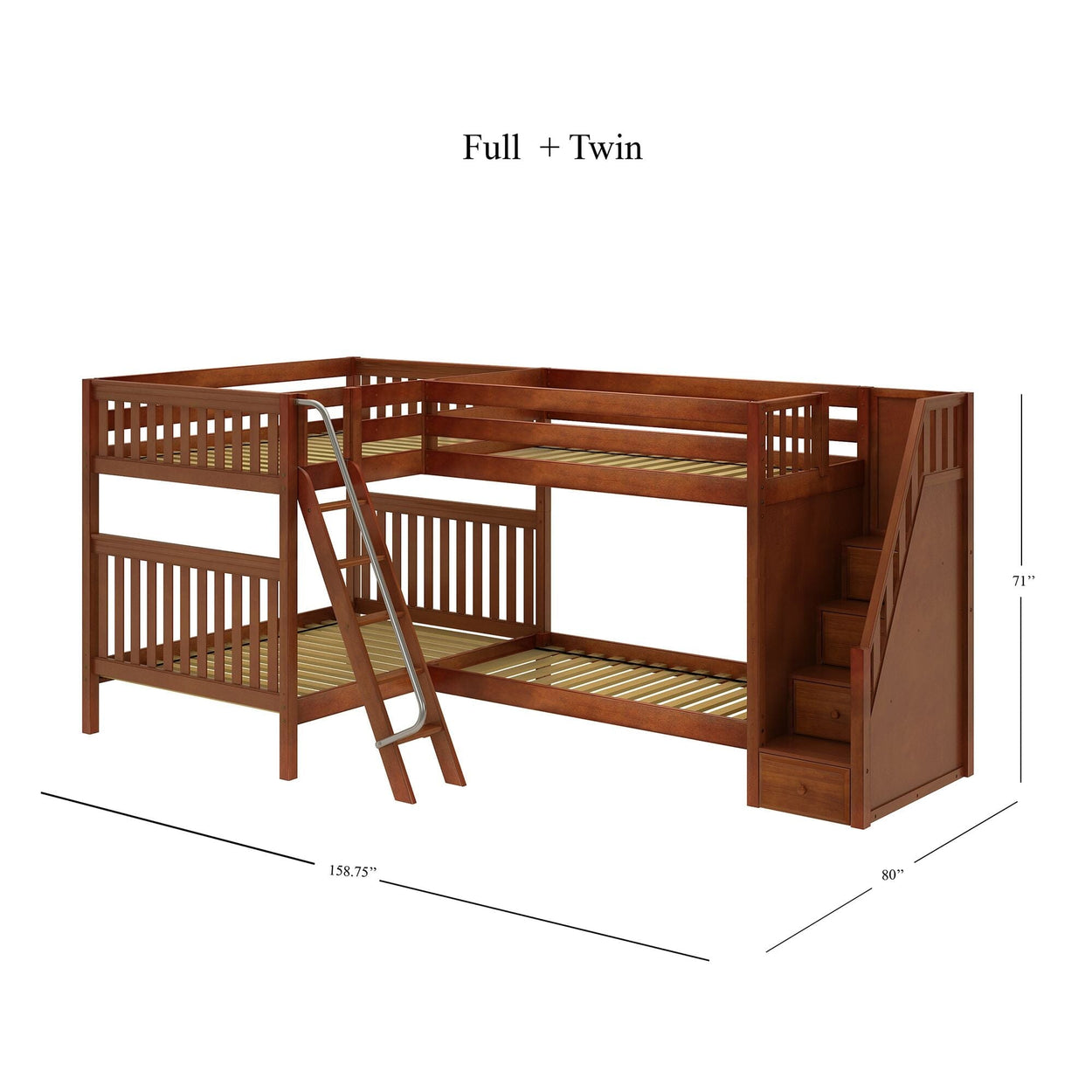 Full and twin size wooden bunk bed with ladder and storage stairs, ideal for kids' bedroom furniture.