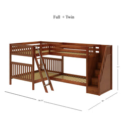 Full and twin size wooden bunk bed with ladder and storage stairs, ideal for kids' bedroom furniture.