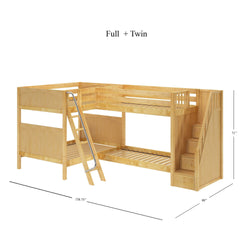 Wooden full plus twin bunk bed with stairs and ladder, dimensions 158.75 x 80 x 71 inches, ideal for maximizing bedroom space.