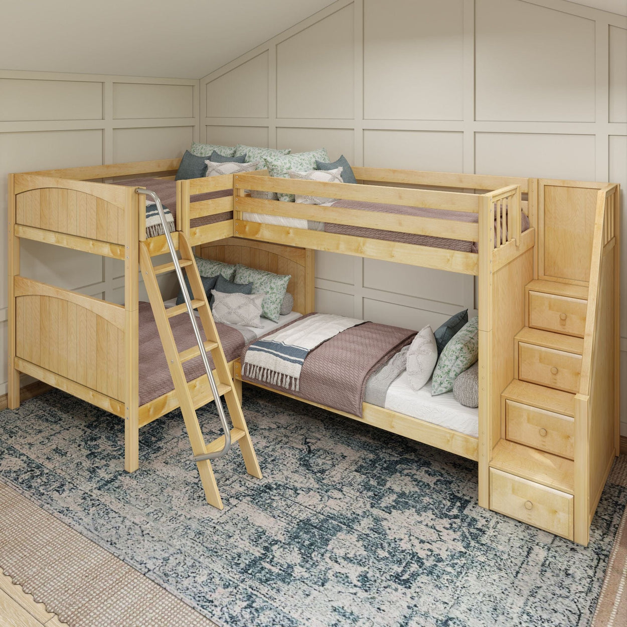 L-shaped wooden bunk bed with stairs, ladder, and cozy bedding in a modern bedroom setting.