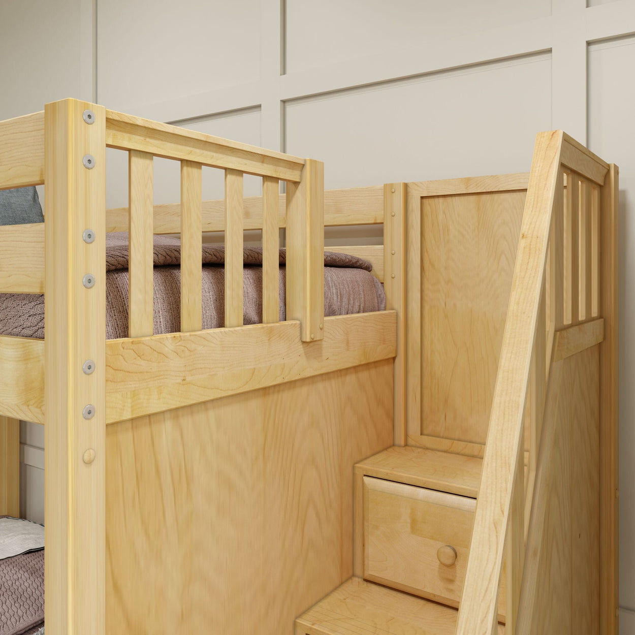 Wooden bunk bed with built-in storage stairs in a modern bedroom.