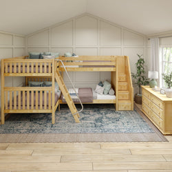 Triple bunk bed in cozy modern bedroom with wooden furniture, textured rug, and natural light.