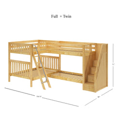 Wooden full and twin size bunk bed with stairs and ladder, dimensions included.