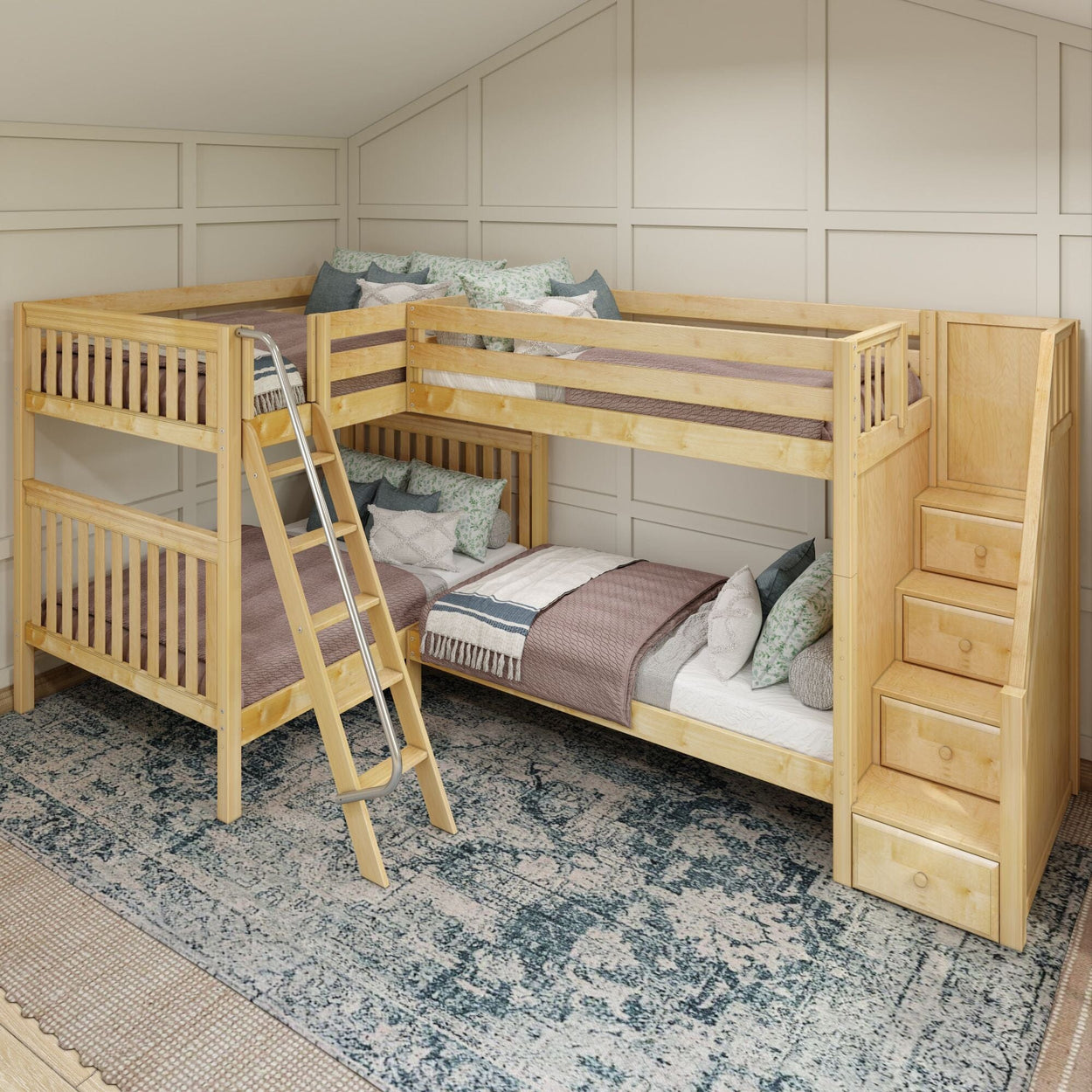 Wooden L-shaped bunk bed with integrated ladder and staircase storage in a cozy bedroom setting.