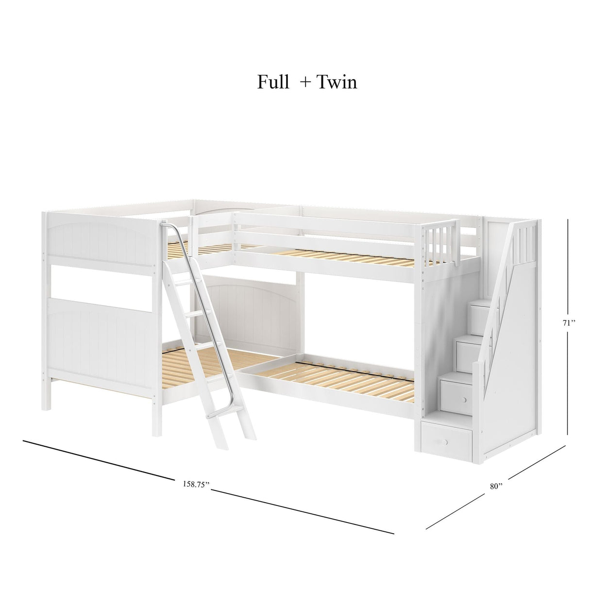 White full and twin bunk bed with stairs, ladder, and dimensions for kids' room.