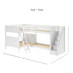 White full and twin bunk bed with stairs, ladder, and dimensions for kids' room.