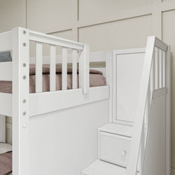 White wooden bunk bed with built-in storage stairs and brown bedding in a modern bedroom.