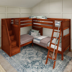 Rustic wooden bunk bed with stairs and ladder in a cozy bedroom setting.