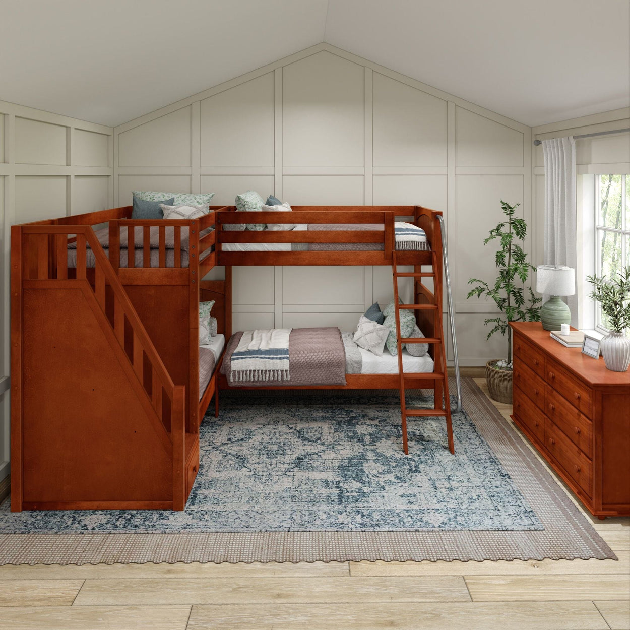 Cozy modern bedroom with wooden bunk bed, stylish decor, and natural light.