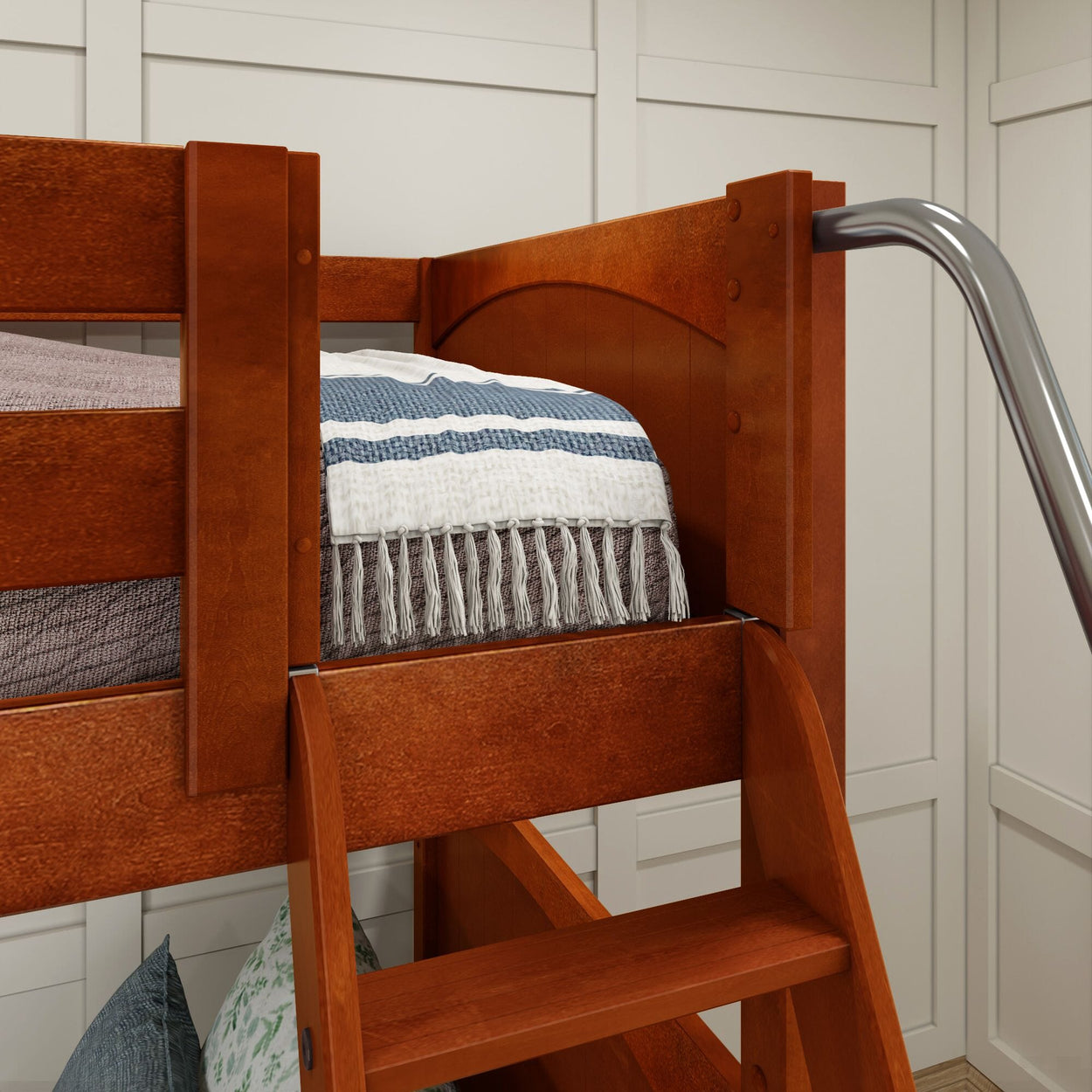 Wooden loft bed with ladder and cozy bedding in a stylish bedroom.