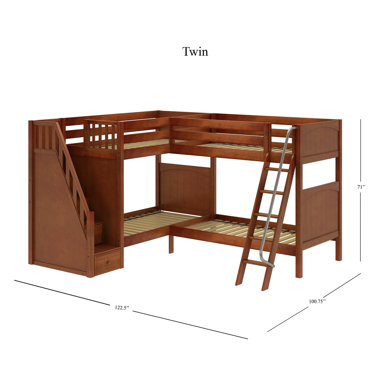 Rustic wooden twin-size L-shaped bunk bed with ladder and staircase, featuring storage steps and sturdy frame.