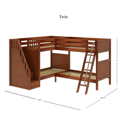 Rustic wooden twin-size L-shaped bunk bed with ladder and staircase, featuring storage steps and sturdy frame.