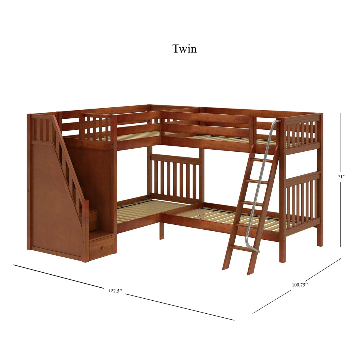 Rustic twin L-shaped wooden bunk bed with ladder and staircase for kids' bedroom furniture.