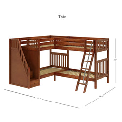 Rustic twin L-shaped wooden bunk bed with ladder and staircase for kids' bedroom furniture.