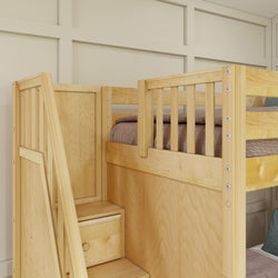 Wooden bunk bed with built-in stairs and storage drawers in a modern bedroom setting.