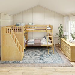 Natural wood bunk bed with staircase in a cozy, light-filled bedroom featuring a patterned rug and dresser.