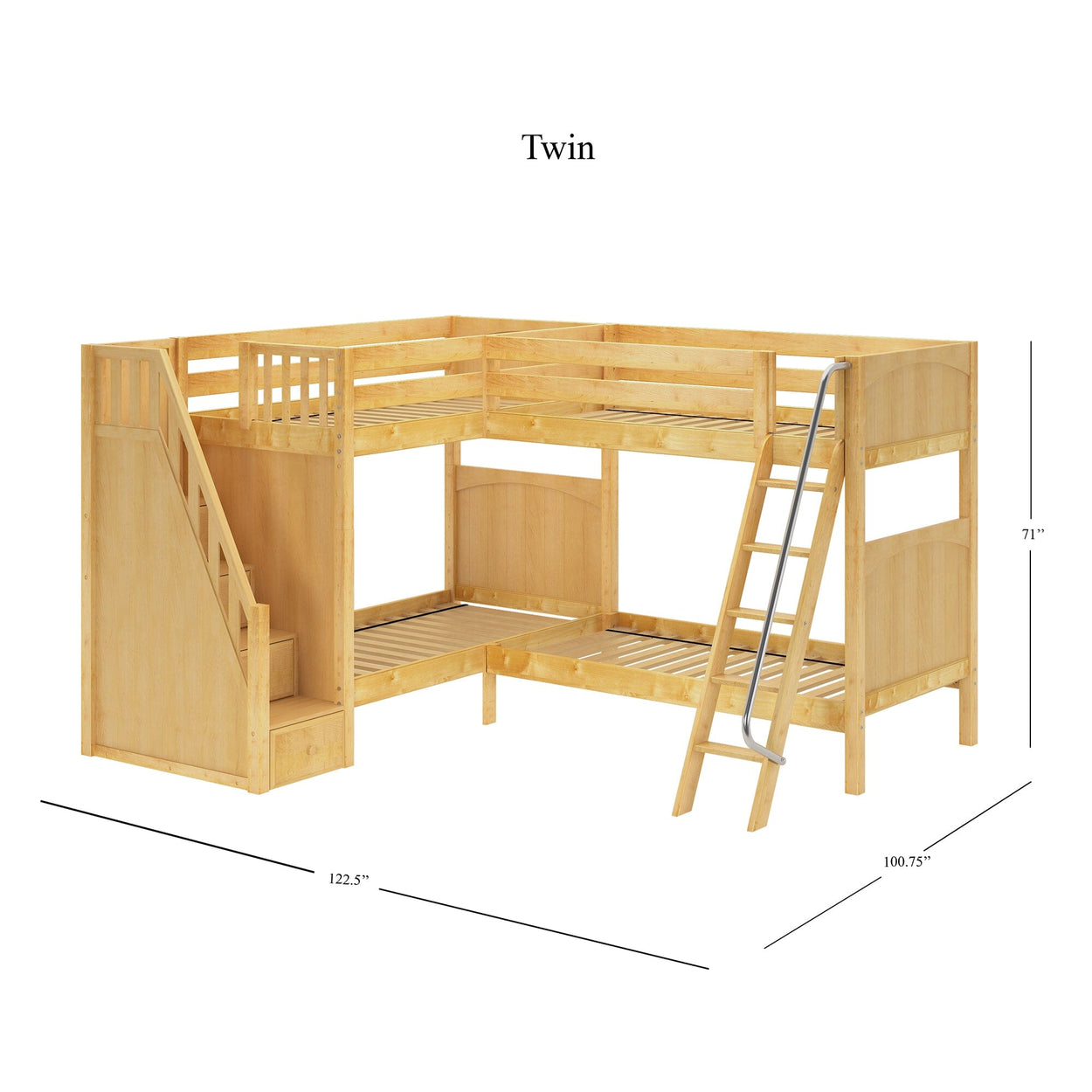 L-shaped twin wooden bunk bed with built-in staircase and ladder, perfect for maximizing space in children's bedrooms.