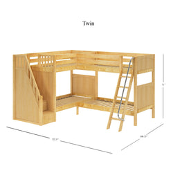 L-shaped twin wooden bunk bed with built-in staircase and ladder, perfect for maximizing space in children's bedrooms.