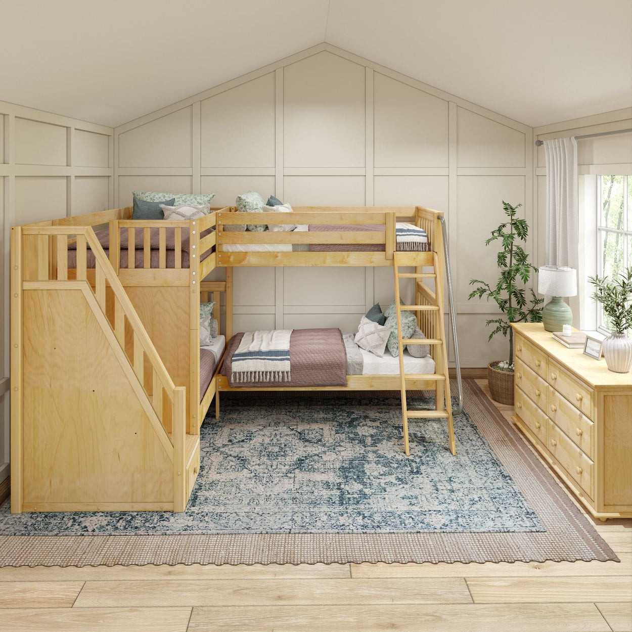 Wooden bunk bed with staircase in a cozy bedroom with modern decor and large window.