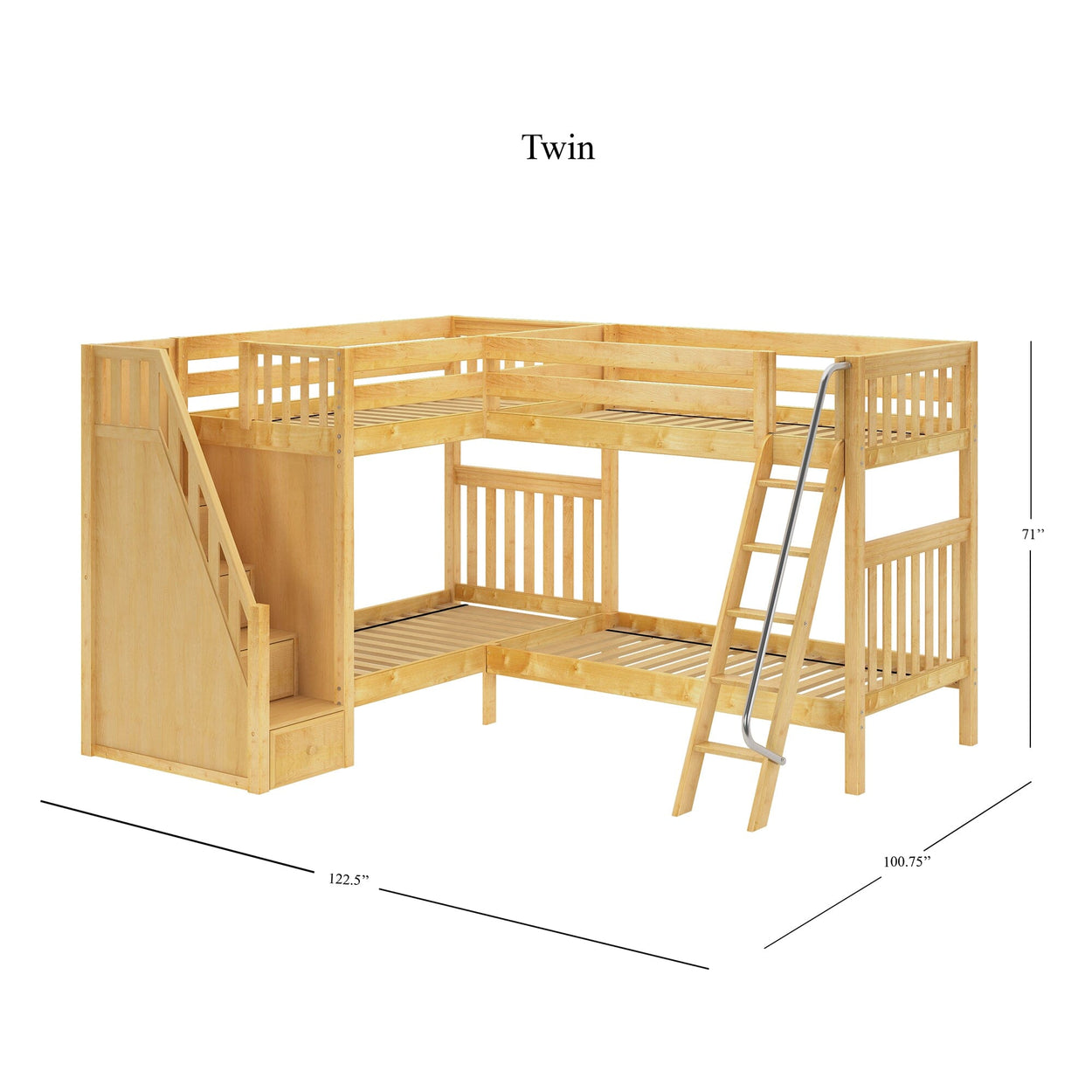 L-shaped twin wooden bunk bed with ladder and staircase, dimensions included, ideal for maximizing bedroom space.