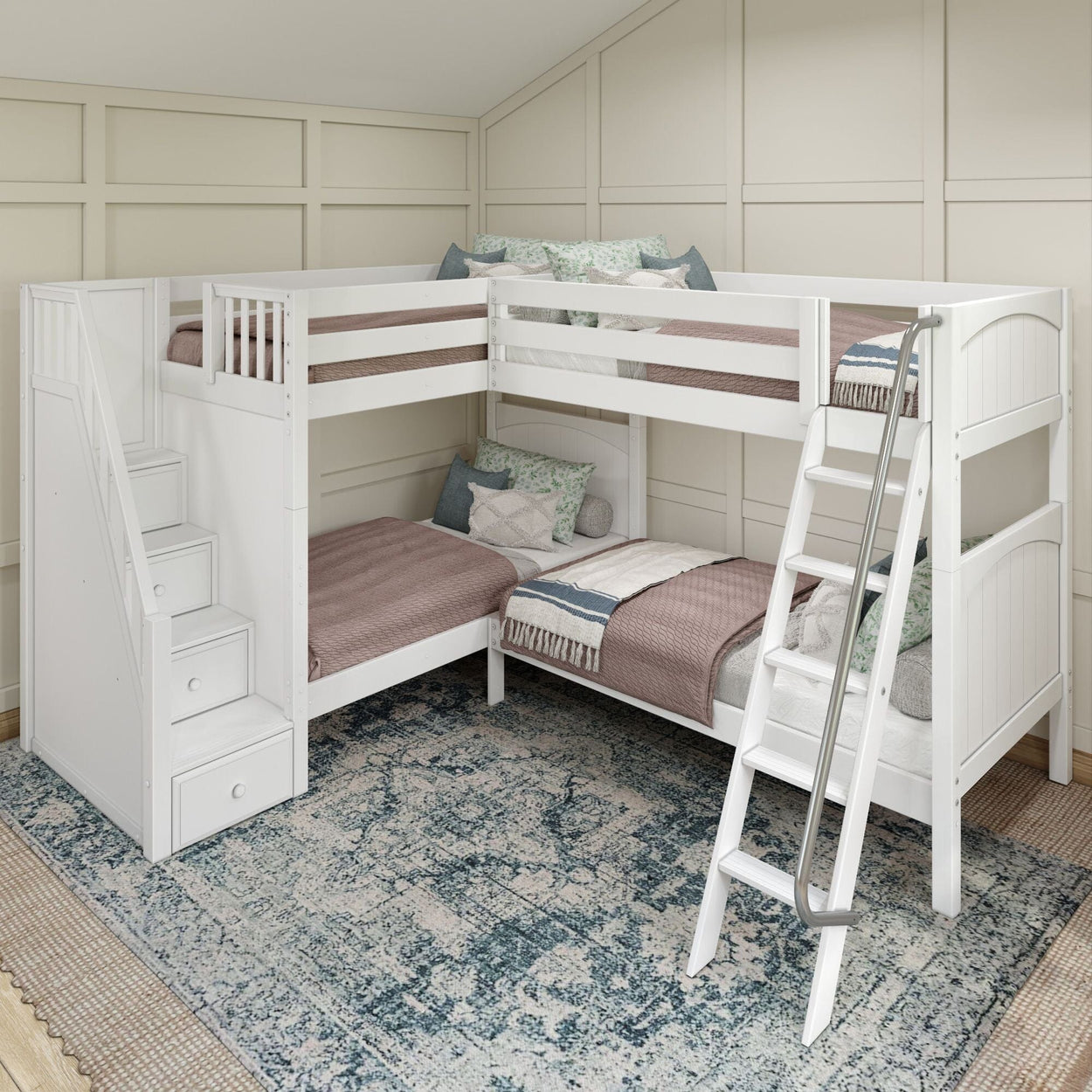 White L-shaped bunk bed with stairs and a cozy rug in a modern bedroom.